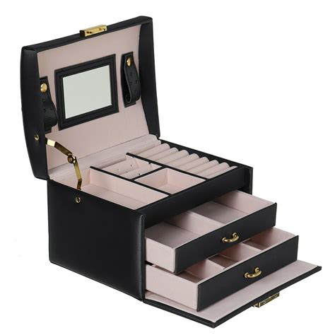 Novashion 3 Layer Travel Jewelry Case Lockable Jewelry Box With Handle Portable Leather