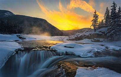 Elbow Falls Waterfall Winter Snow Mountains Forest