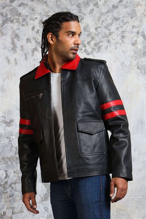 Black And Red Leather Jacket With Collar Mens Casual Outfit