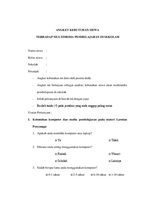 Contoh Soal Angket Media Pembelajaran Siti