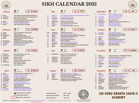 Sikh Calendar 2021 English Sggs Academy