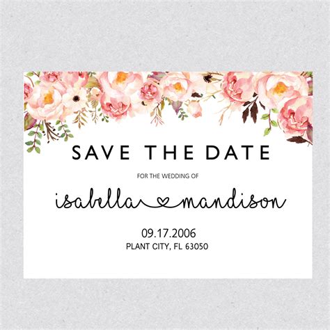 Here's a stunning save the date template from mountain modern life that will help you create a beautiful postcard you can send out to everyone you plan to invite to your wedding. Printable Save the Date template Card Floral Save the Date
