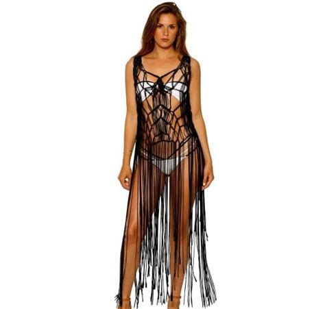 Sexy Black Macrame Beach Dress With Fringes Olivia Hand Made Long
