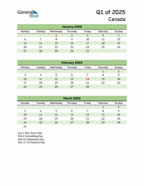 Three Month Calendar For Canada Q1 Of 2025