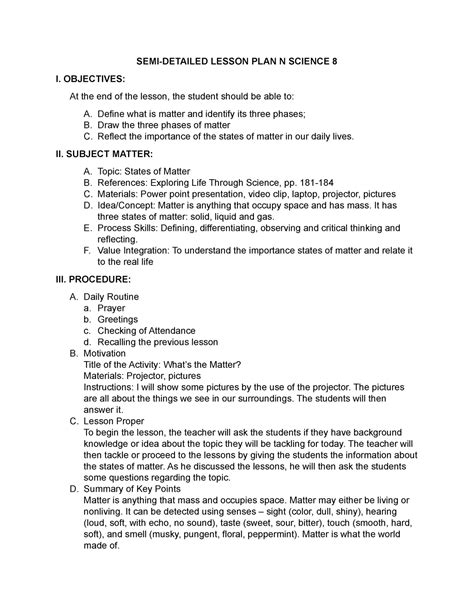 Dingal Sheryl L Lesson Plan Semi Detailed Lesson Plan In Science My