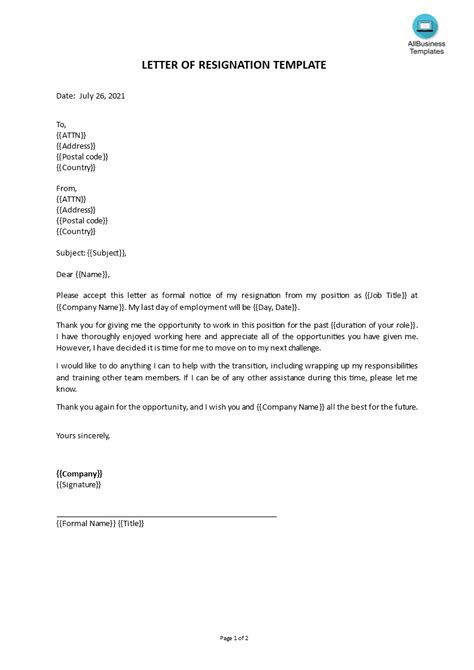 Simple Short Resignation Letter Templates At