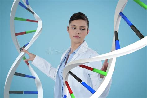 Doctor Woman Interacting With 3d Dna Strands Stock Image Image Of