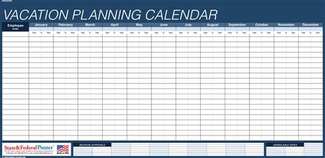 Undated Vacation Planning Calendar 40x20 Horizontal Blue — State And