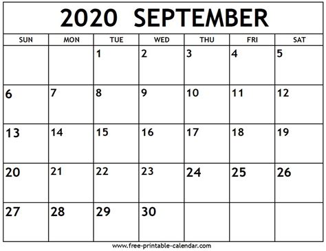 September Calendar Printable