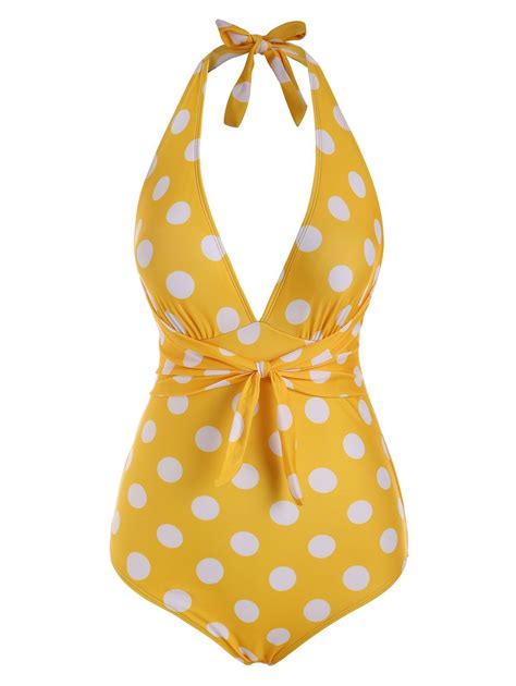 29 OFF 2021 Polka Dot Tied Plunge Front Halter One Piece Swimsuit In