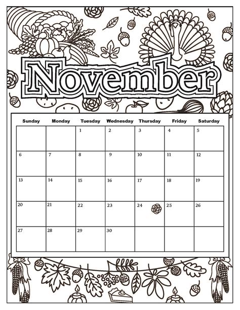 November Thanksgiving Calendar Coloring Sheets Educative Printable