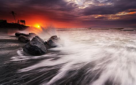Ocean Sunset Beach Rocks Stones Waves Wallpaper X