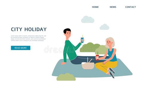 City Holiday Banner Template With Couple On Picnic Flat Vector
