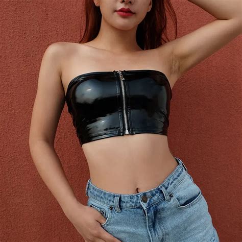 2018 sexy zipper crop top black pu leather cropped bandeau summer strapless wrap tube top off