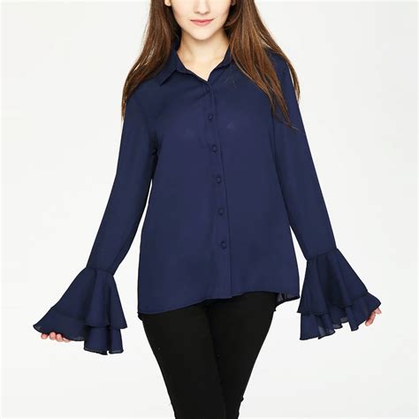 Women Solid Color Long Ruffles Splicing Flare Sleeve Blouse Spring