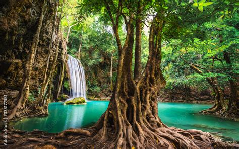 Beautiful Nature Scenic Landscape Erawan Waterfall In Deep Tropical