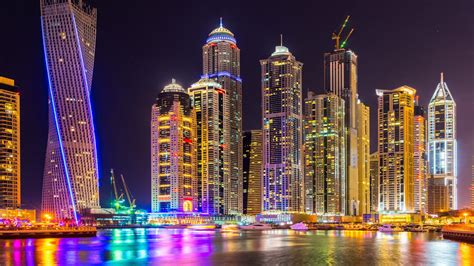 Dubai City Of Skyscrapers Tall Buildings Night Light