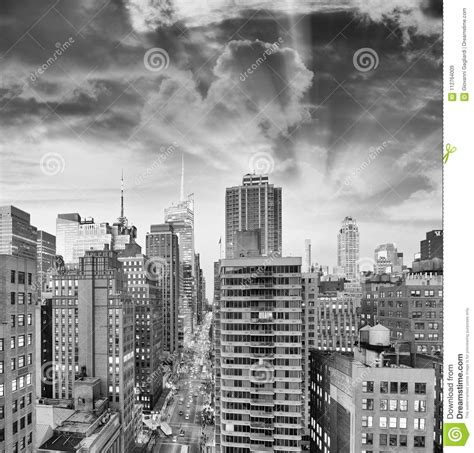 Aerial View Of Manhattan From City Rooftop Stock Image Image Of