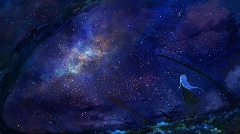 Anime Starry Sky Anime Girl Back View Night Scenic Boots Anime