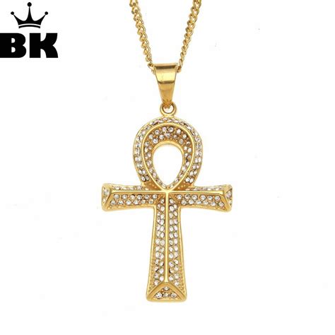 New Iced Out Egyptian Ankh Cross Pendant Cuban Chain Necklace Hip Hop