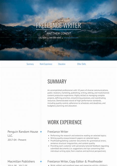 Curriculum vitae mark taylor address: Freelance Writer - Resume Samples and Templates | VisualCV