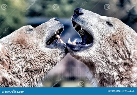 Two Large Bears Are Looking At Each Other With Their Mouths Open Stock