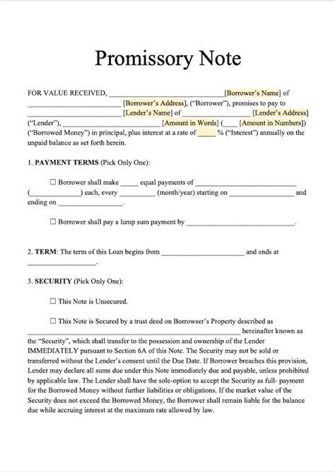 Free Promissory Note Template Download Secured Promissory Note Pdf