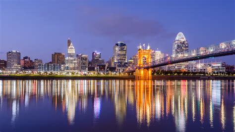 Cincinnati Skyline At Night With Lights In Ohio Image Free Stock