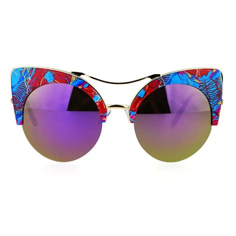 Sa106 Sa106 Womens Floral Print Half Rim Mirrored Lens Cat Eye Sunglasses Blue Purple