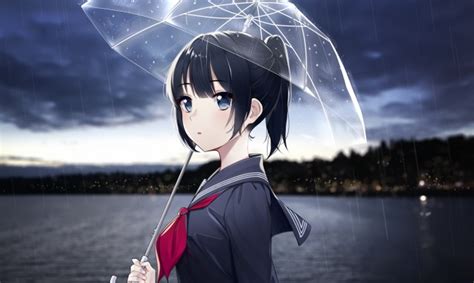 Wallpaper Anime Girl Raining Umbrella Black Hair