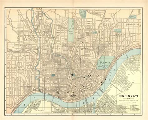 Vintage City Street Map Cincinnati Ohio Circa 1895 Colored 9 X