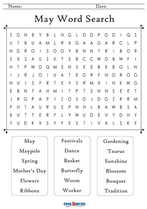 Printable May Word Search Cool2bkids