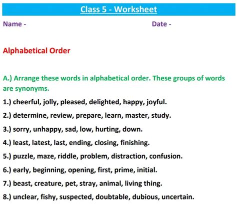 Alphabetical Order Class 5 Worksheet Arrange The Words In Alphabetical