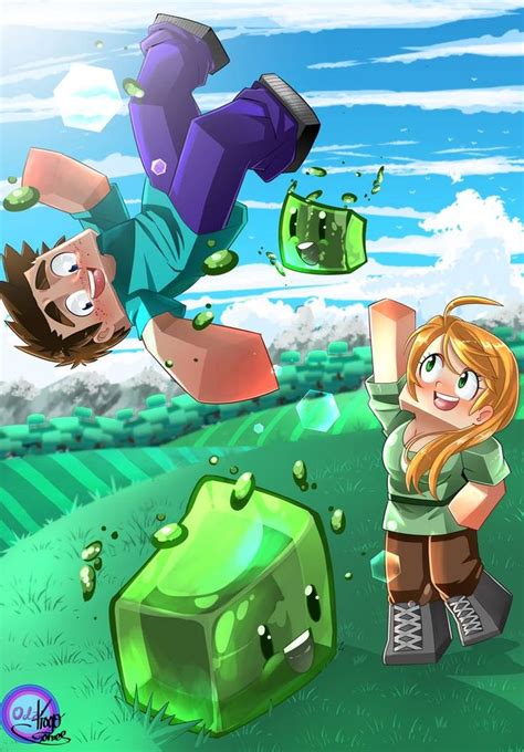 Steve And Alex Playing With Slimes By B0ss23 On Deviantart Minecraft