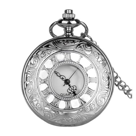 Silver Analog Quartz Engraved Demi Pocket Watch Brelsen