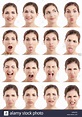 Multiple close-up portraits of the same woman expressing different ...