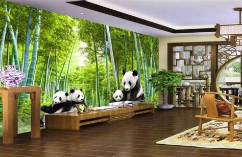 3d Giant Pandas Bamboo Forest Wallpaper Landscape Animal Trees Mural