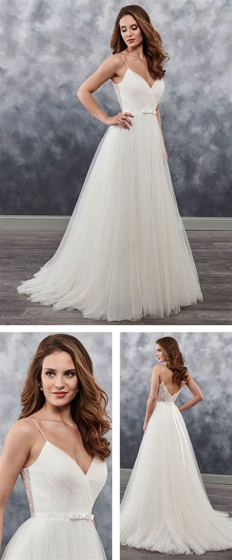 Tulle A Line Wedding Dress Features Ruched Bodice With V Neck And