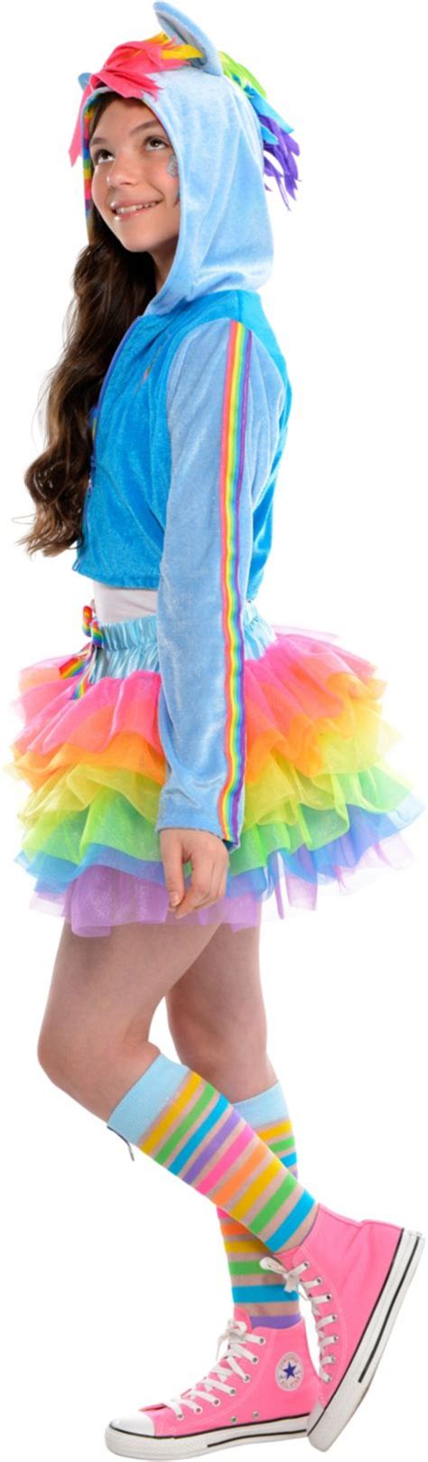 The show follows a studious unicorn pony named twilight sparkle as her mentor princess celestia guides her to learn about friendship in the town of ponyville. Girls Trendy Rainbow Dash Costume - My Little Pony- Party City | Halloween costumes for girls ...