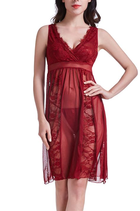 Lunsy - Women's Sexy Long Lace Lingerie Nightdress Sheer Gown Chemise G-string - Walmart.com ...