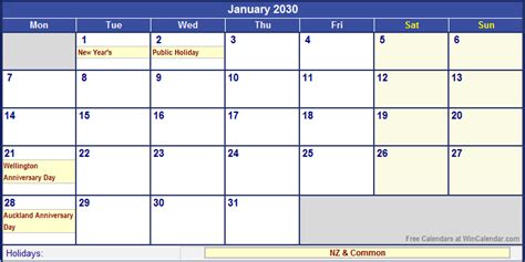January 2030 New Zealand Calendar With Holidays For Printing Image Format