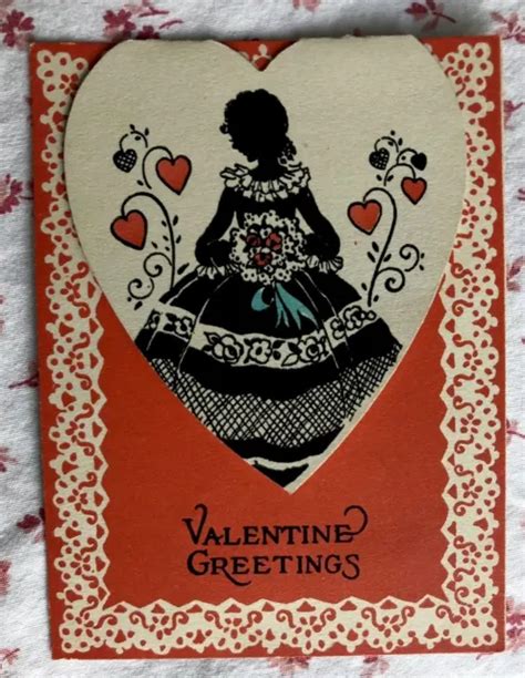 Vintage 1930s Valentine Greeting Card Hearts Silhouette Pretty Girl In