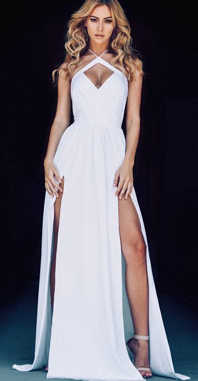 Lovely Prom Gown Sexy White Prom Dresses Long Chiffon Slit Spaghetti Straps White Party Dress On