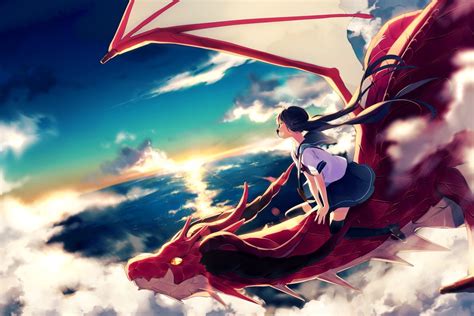 デスクトップ壁紙 アニメの女の子 赤 空 雲 飛行 学生服 元の文字 ドラゴン 冒険 スクリーンショット