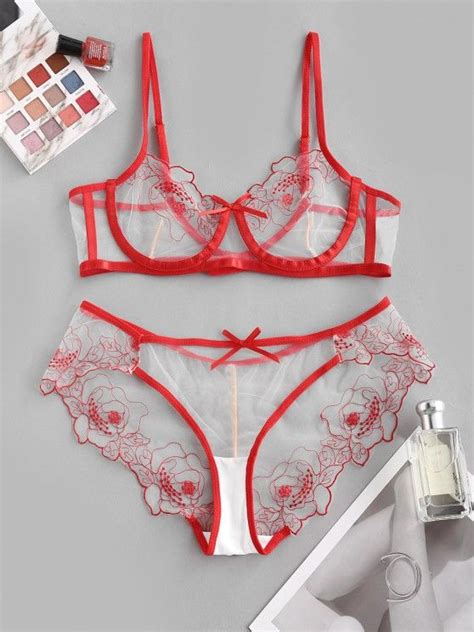 27 Off 2020 Underwire Embroidered Sheer Mesh Lingerie Set In Red