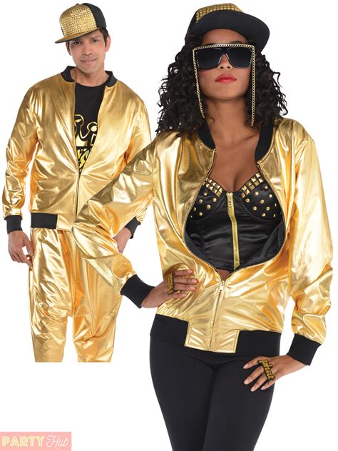 Adult Gold Bomber Jacket Mens Ladies 80s Hip Hop Rapper Fancy Dress