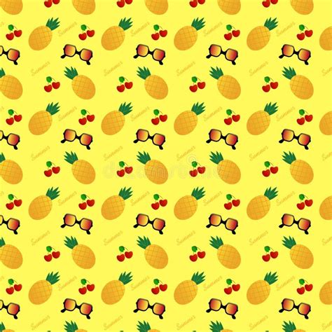 A Summer Seamless Pattern With Cherrypineapple And Sunglasses On Yellow Background In Vector