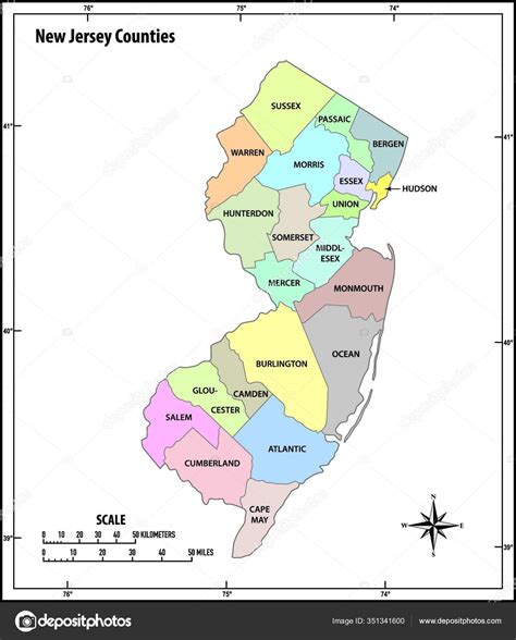 New Jersey State Outline Administrative Political Vector Map Color