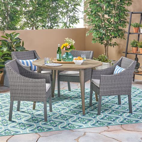 Jon Outdoor 5 Piece Acacia Wood And Wicker Dining Set With Cushions