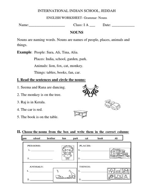 Students and parents are invited to the inaugural function. English Worksheets- Class 1 (Nouns, Plurals, Verbs, Adjectives and Punctuation) | Noun | Plural